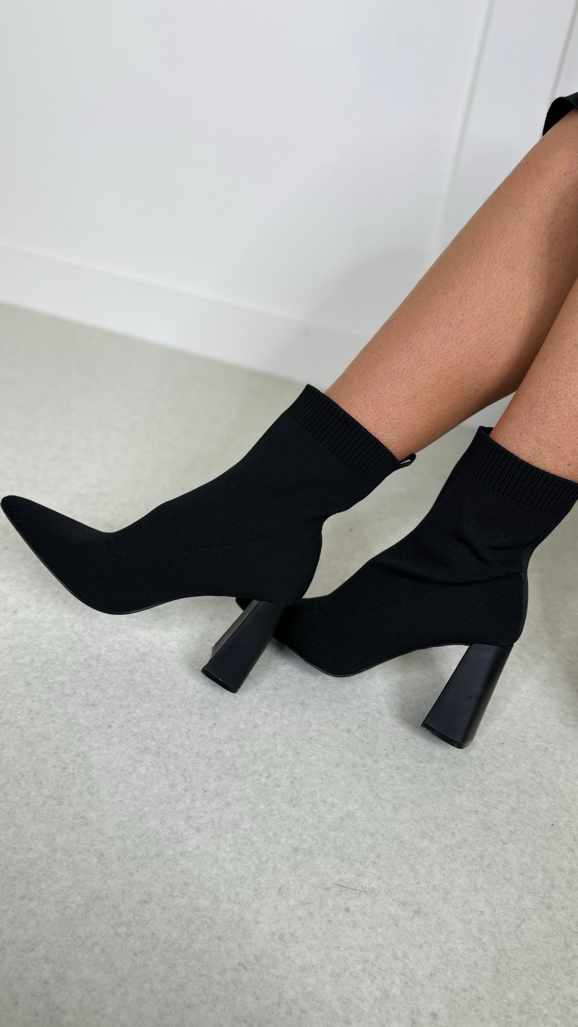 Block Heel Sock Black Ladies Sock Boots Black Knit Square Toe Sock