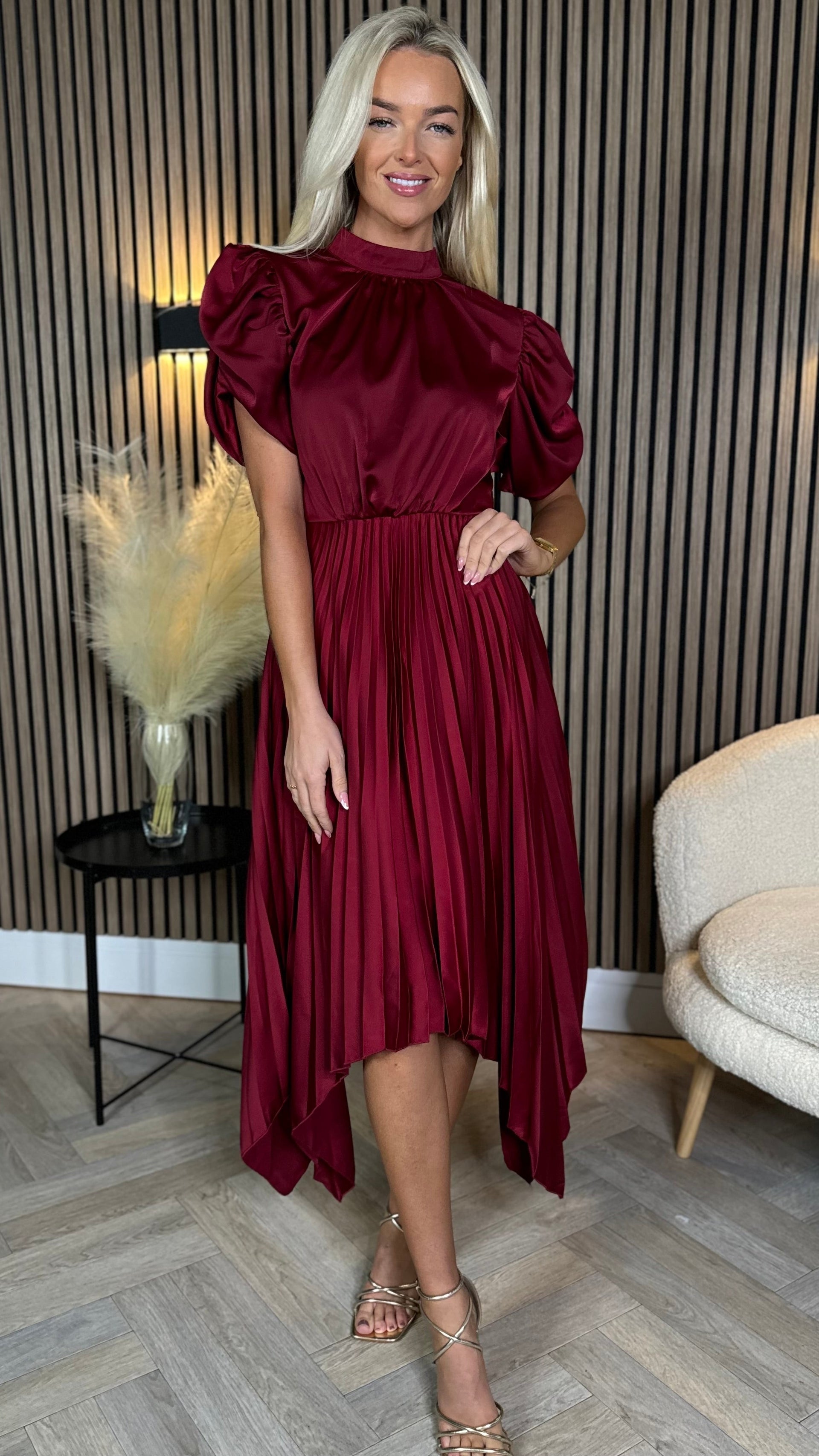 cressida midi dress Cressida Burgundy High Neck Puff Sleeve Pleated Midi Dress – Get That Trend  UK