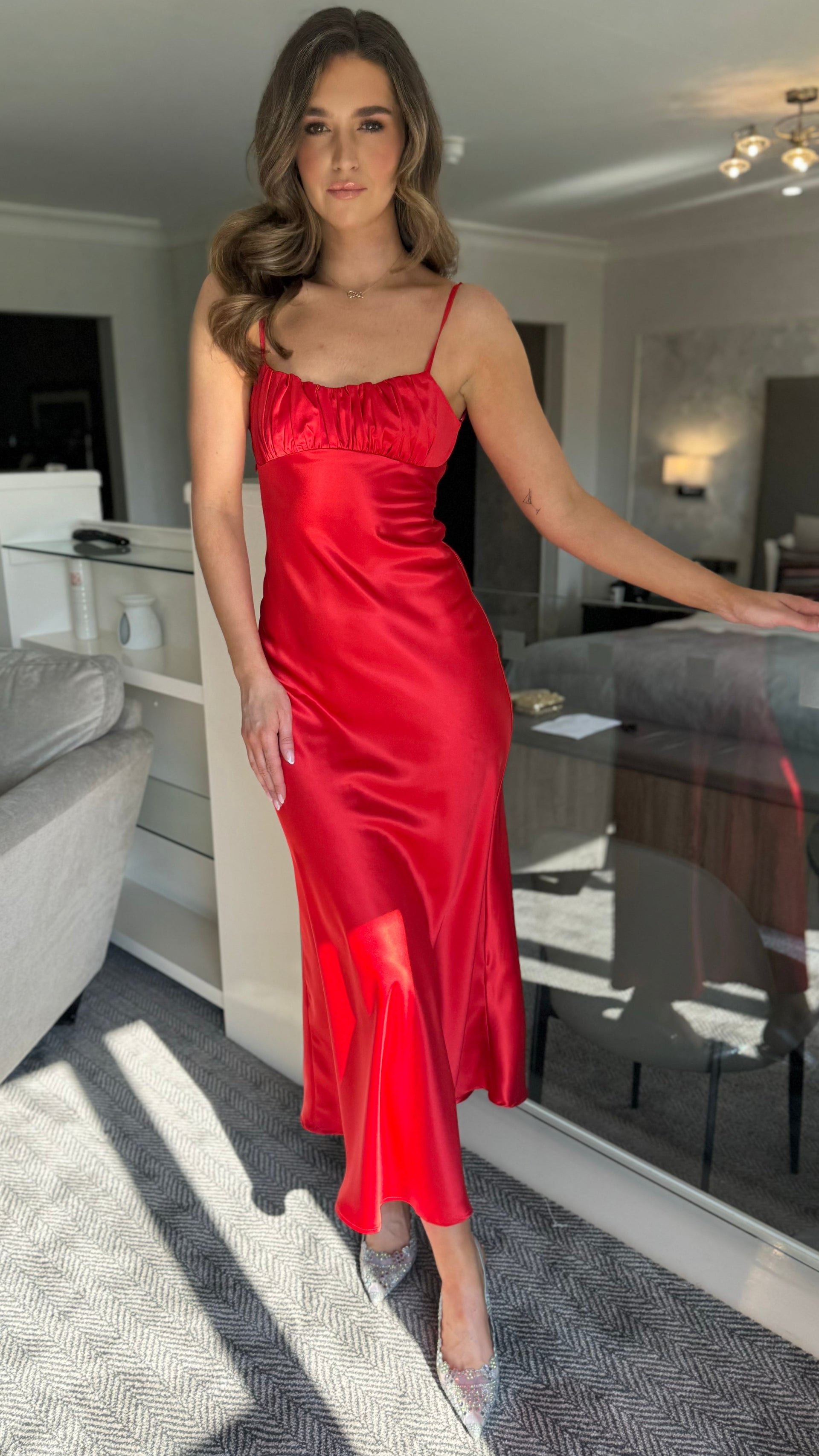 Elena Red Cami Strap Satin Finish Midi Dress S