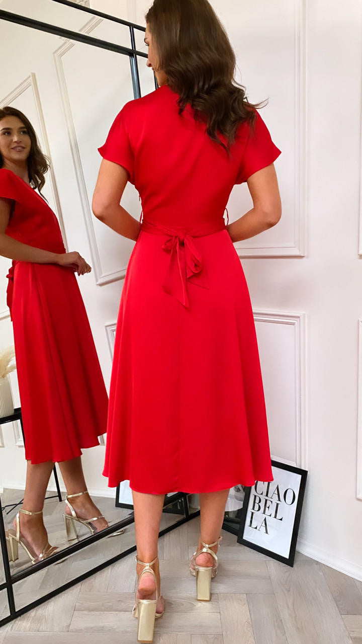 CC Sylvie Red Satin V Neck Midi Dress 