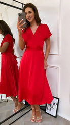 CC Sylvie Red Satin V Neck Midi Dress 