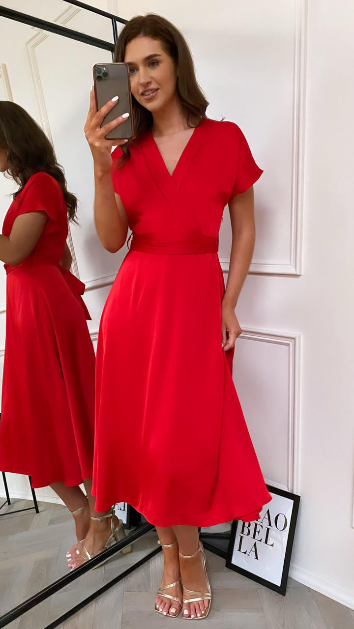 CC Sylvie Red Satin V Neck Midi Dress 