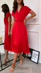 CC Sylvie Red Satin V Neck Midi Dress 