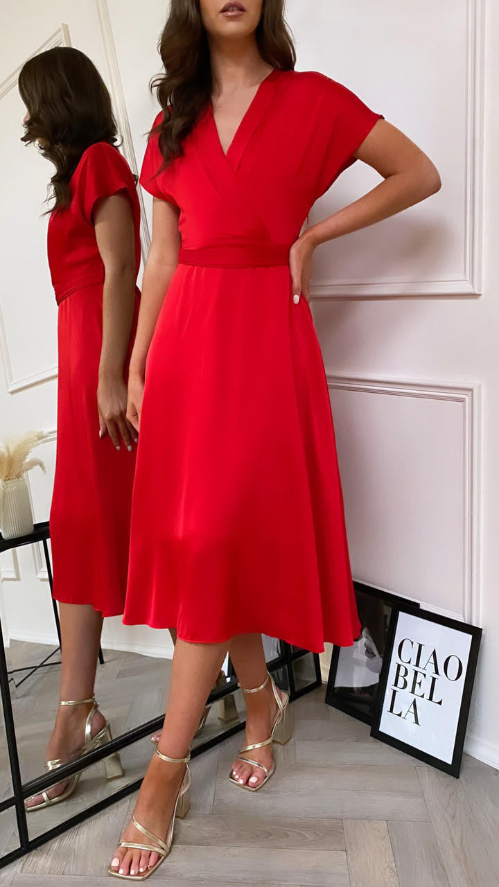 CC Sylvie Red Satin V Neck Midi Dress 